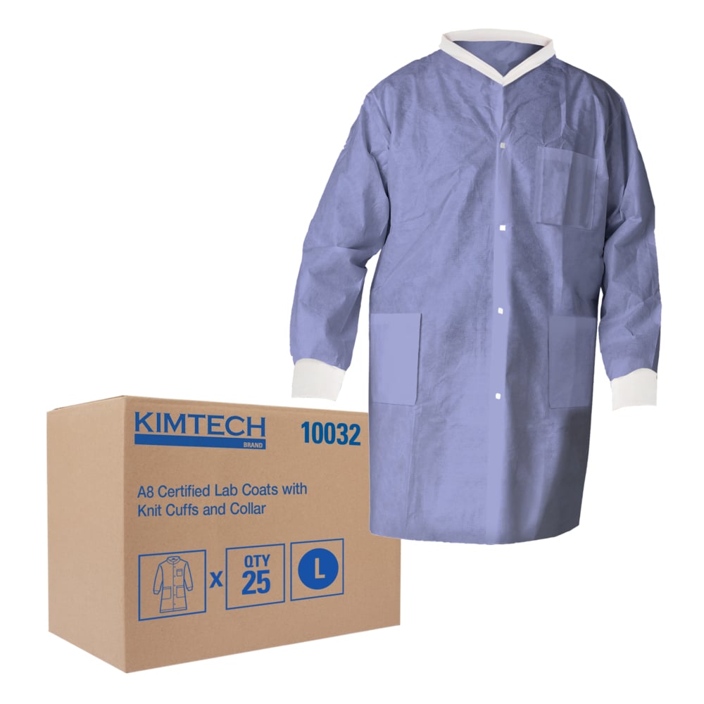 Kimtech™ A8 Certified Lab Coats with Knit Cuffs and Collar (10032), Protective 3-Layer SMS Fabric, Knit Collar & Cuffs, Unisex, Blue, Large, 25 / Case - 10032