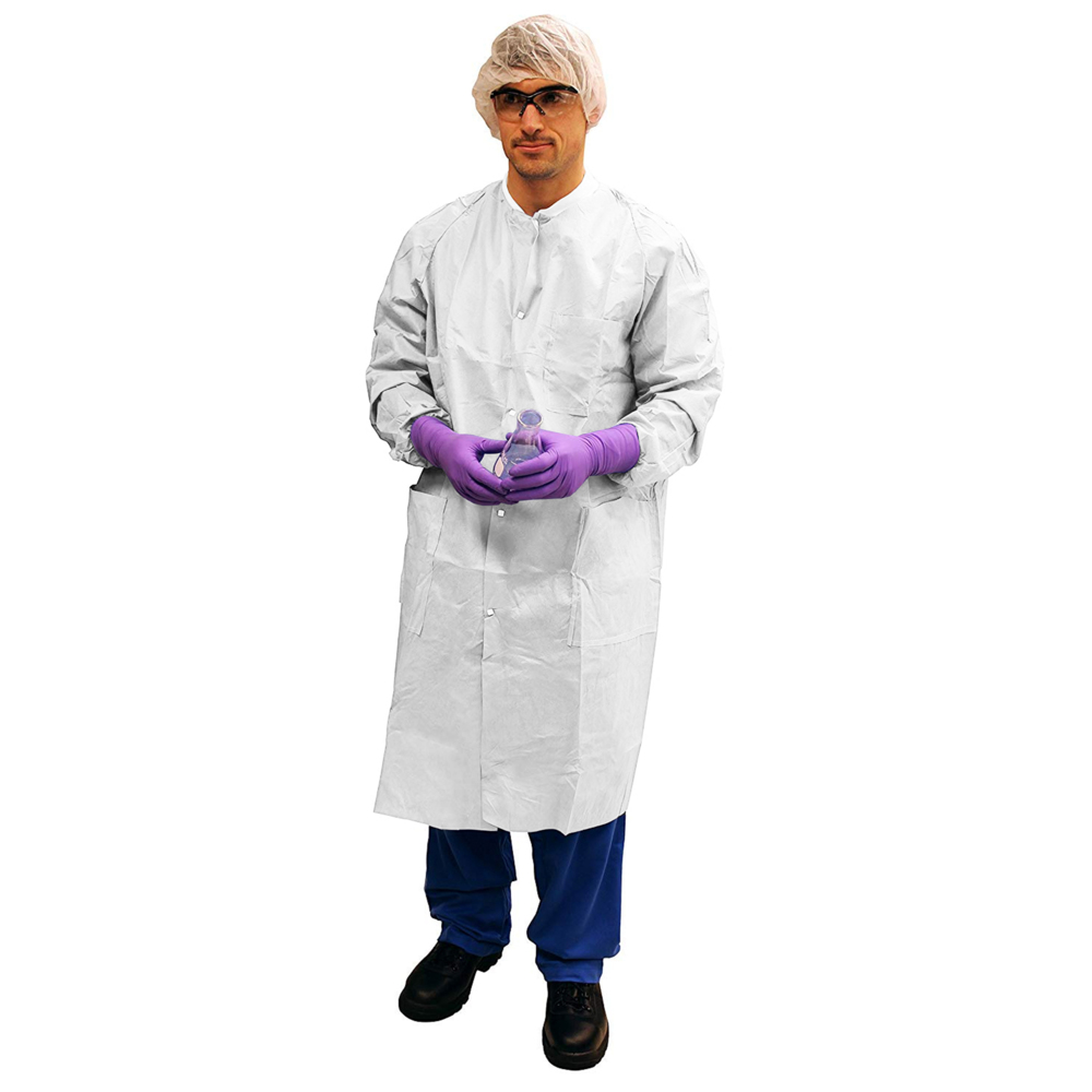 Sarrau de laboratoire certifié Kimtech A8 avec poignets et col en tricot (10021), tissu SMS protecteur à 3 couches, poignets et col en tricot, unisexe, blanc, moyen, 25/caisse - 10021
