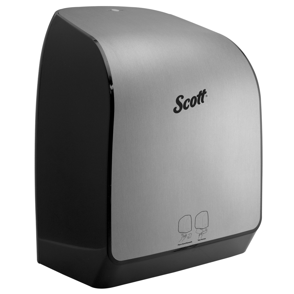 Système de distributrice d’essuie-mains en rouleau dur électronique Scott Pro (pour essuie-mains en rouleau Scott Pro avec mandrin bleu), 12,66 po x 16,44 po x 9,18 po, faux acier inoxydable, 1/caisse - 35609