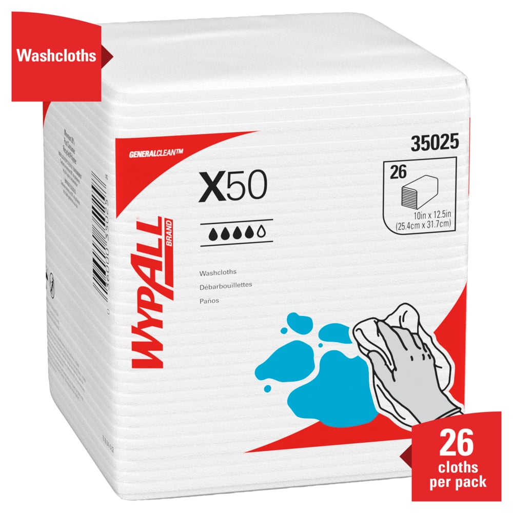 WypAll® GeneralClean™ X50 Cleaning Cloths (35025), Quarterfold, Strong for Extended Use, White (26 Sheets/Pack, 32 Packs/Case, 832 Sheets/Case) - 35025