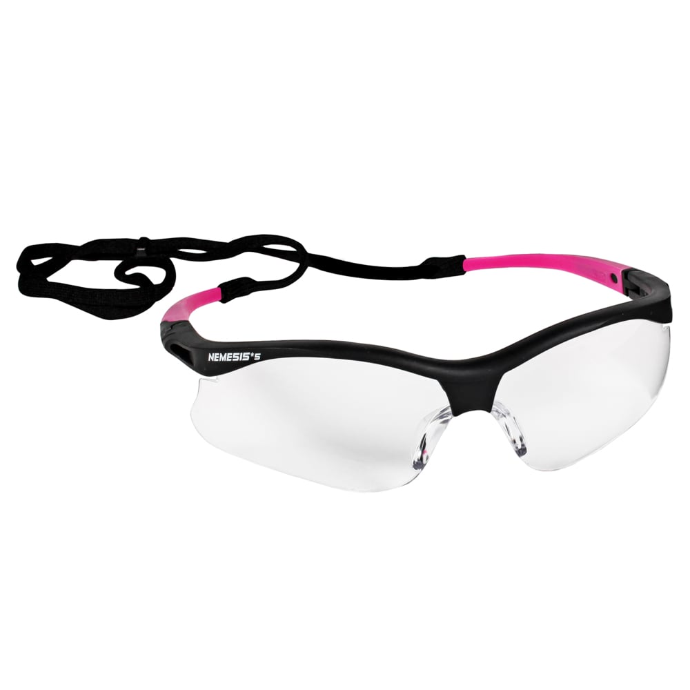 KleenGuard™ V30 Nemesis Small Safety Glasses (38478), Lightweight, Clear Anti-Fog with Black Frame / Pink Tips, 12 Pairs / Case - 38478