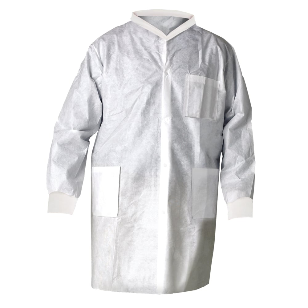 Kimtech™ A8 Certified Lab Coats with Knit Cuffs and Collar (10023), Protective 3-Layer SMS Fabric, Knit Collar & Cuffs, Unisex, White, XL, 25 / Case - 10023