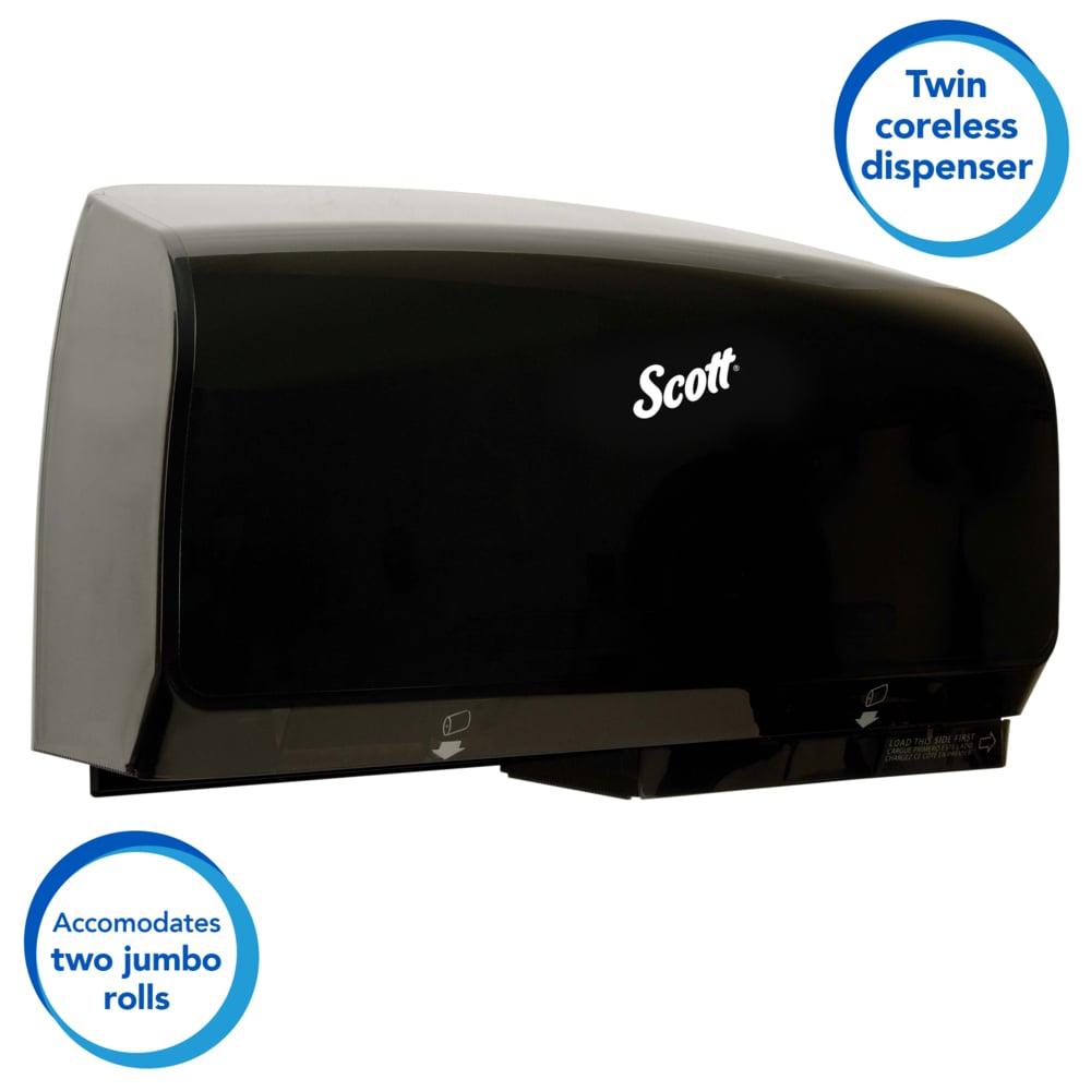 Scott® Pro Coreless Jumbo Roll Toilet Paper Dispenser (39731), Twin Roll, Black, 20.25" x 6.25" x 11.60" (Qty 1) - 39731
