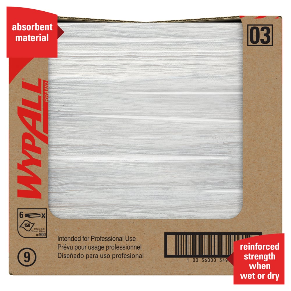 WypAll® General Clean X60 Multi-Task Cleaning Cloths (34900), Flat Sheets, White, 150 Sheets / Pack, 6 Packs / Case, 900 Wipes / Case - 34900