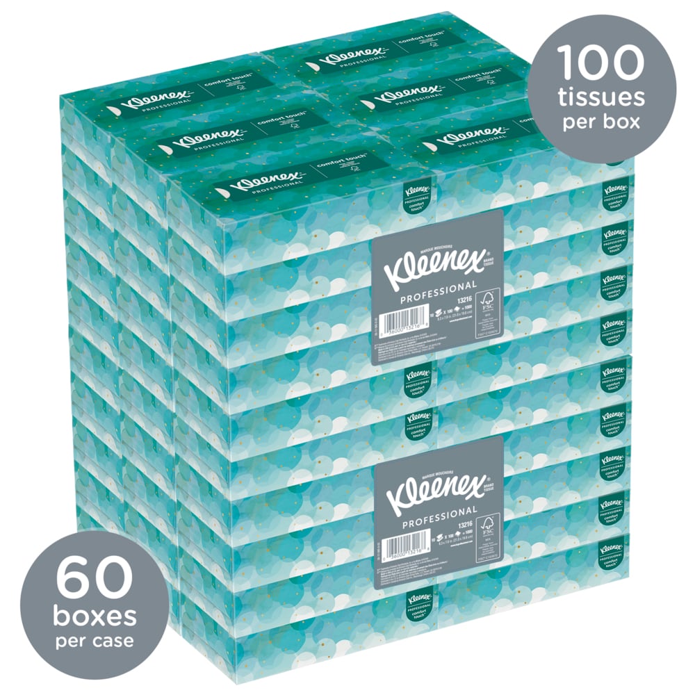 Kleenex® Professional Facial Tissue for Business (13216), Flat Tissue Boxes  (60 Boxes/Case, 100 Tissues/Box, 6,000 Tissues/Case)