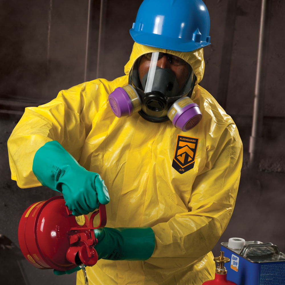 KleenGuard™ A70 Chemical Spray Protection Coveralls (09816), Zipper Front, Storm Flap, Elastic Wrists, Ankles & Hood, Yellow, Reflex Design, 3XL (Qty 12) - 09816