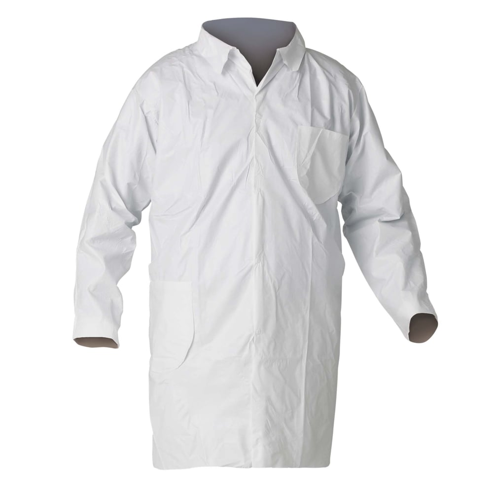 KleenGuard™ A40 Liquid & Particle Protection Lab Coats (44455), 4-Snap Closure, Knee Length, Open Wrists, White, 2XL, 30 / Case - 44455