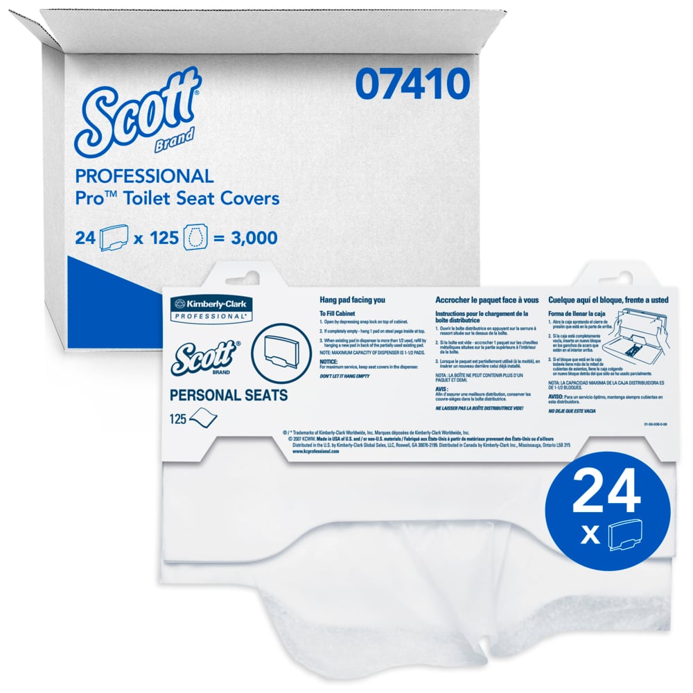 Scott® Pro™ Personal Seat Covers (07410), White (125 Sheets/Pack, 24 Packs/Case, 3,000 Sheets/Case)