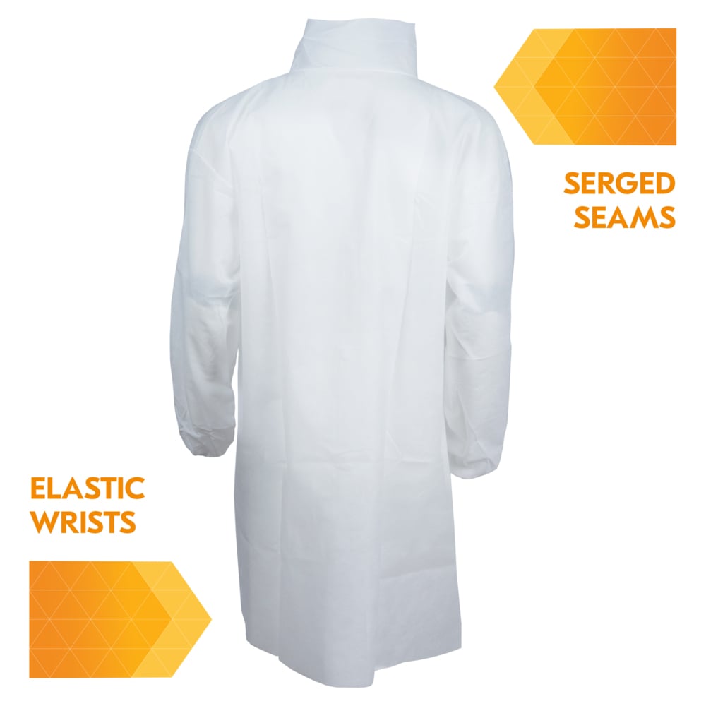 KleenGuard™ A10 Light Duty Lab Coat (40103), Snap Front, Elastic Wrists, Large, White, 50 Coats / Case - 40103