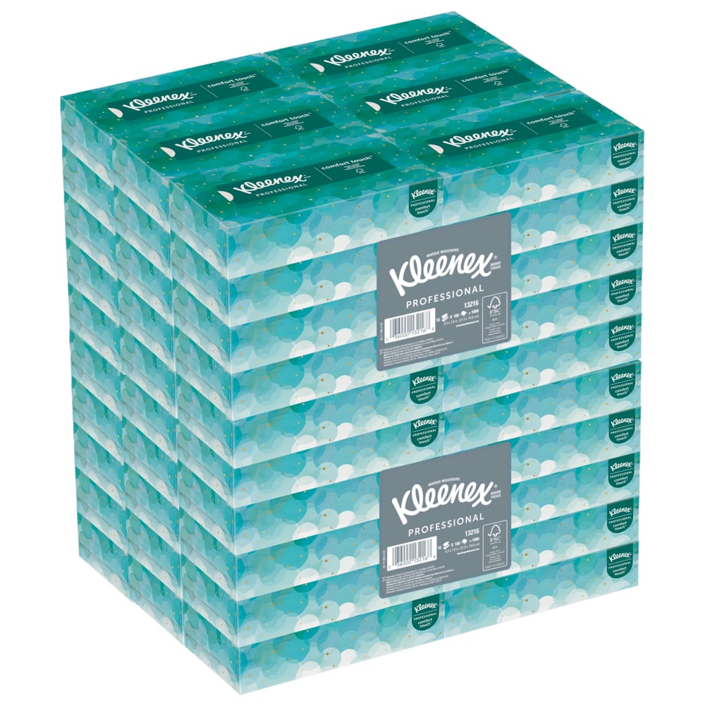 Mouchoirs Kleenex professionnels pour entreprise (13216), boîtes de mouchoirs plates, 60 boîtes/caisse, 100 mouchoirs/boîte - 13216