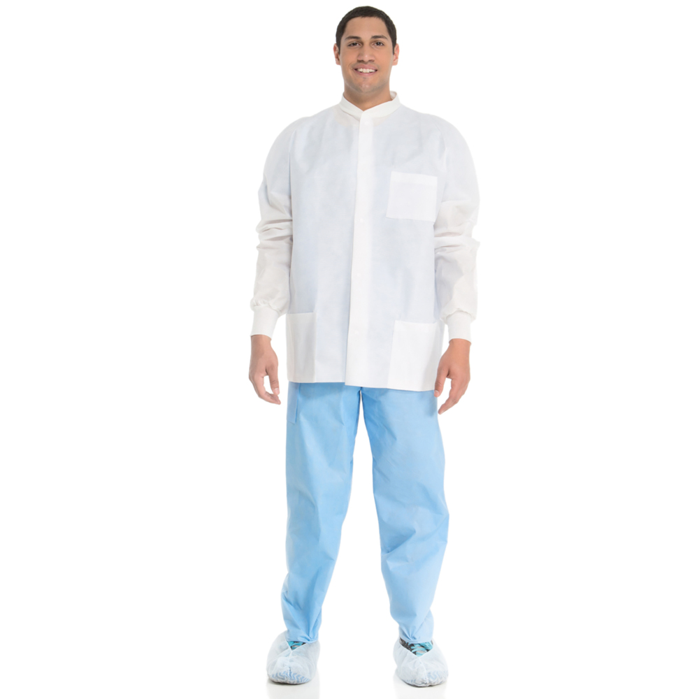 Kimtech™ A8 Certified Lab Jackets with Knit Cuffs and Collar + Extra Protection (10072), Protective 3-Layer SMS Fabric, Knit Collar, Unisex, White, Large, 25 / Case - 10072