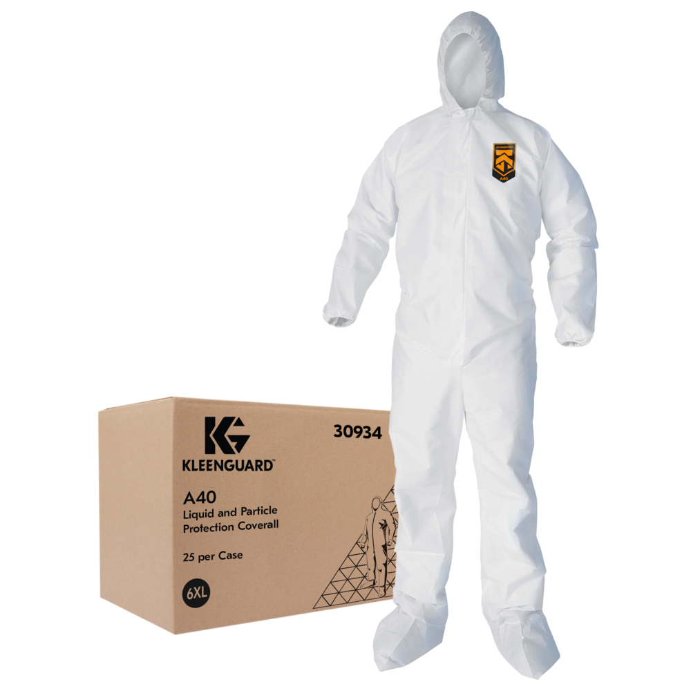 KleenGuard™ A40 Liquid & Particle Protection Coveralls (30934), Zipper Front, Elastic Wrists, Ankles, Hood & Boots, White, 6XL (Qty 25) - 30934