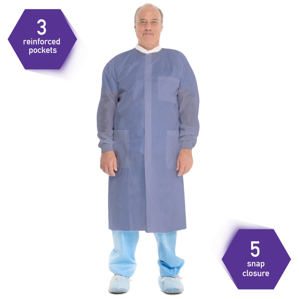 Kimtech™ A8 Certified Lab Coats with Knit Cuffs and Collar (10032), Protective 3-Layer SMS Fabric, Knit Collar & Cuffs, Unisex, Blue, Large, 25 / Case - 10032