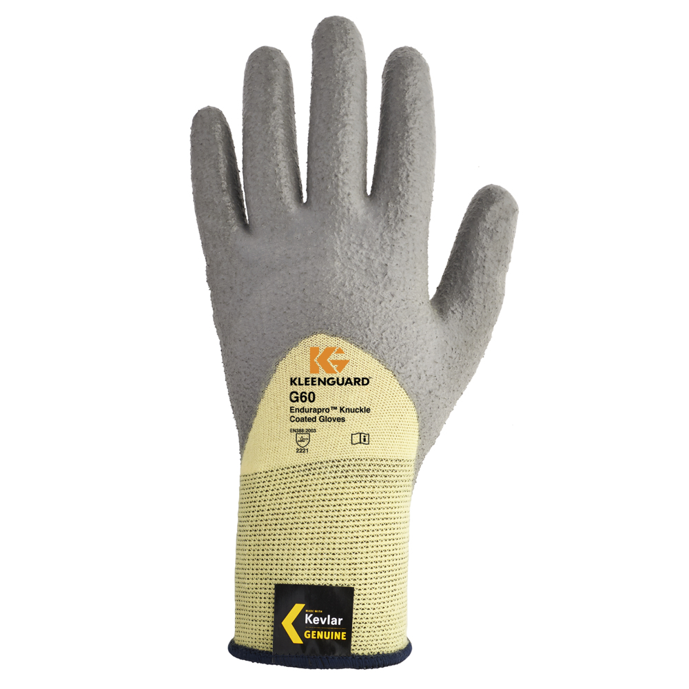 Gants recouverts de polyuréthane résistants aux coupures de niveau 2 KleenGuard G60 (38646), revêtement aux jointures, gris et jaunes, 2TG, 12 paires/sac, 1 sac - 38646