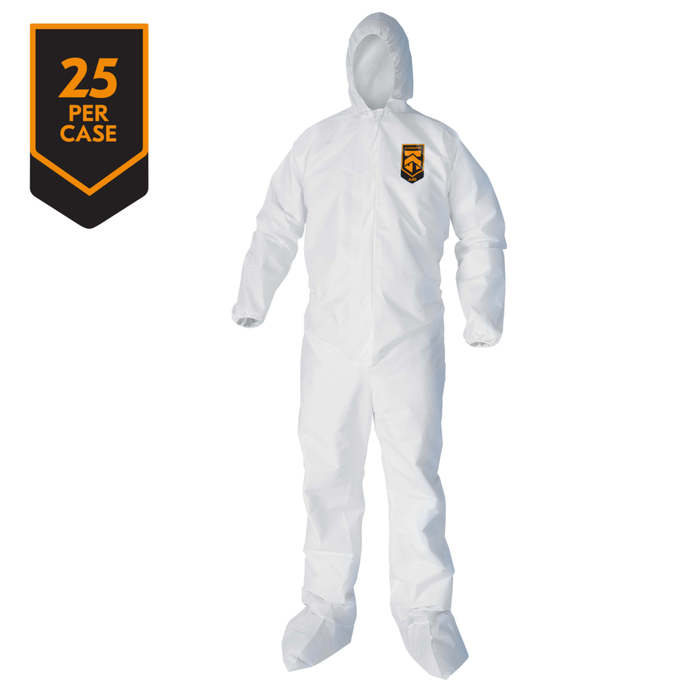 KleenGuard™ A40 Liquid & Particle Protection Coveralls (30907), Zipper Front, Elastic Wrists, Ankles, Hood & Boots, White, 5XL (Qty 25) - 30907