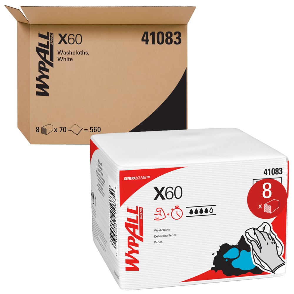 Chiffons de nettoyage multitâches WypAll® X60 General Clean (41083), débarbouillettes avec Hydroknit, 12,5 x 10, blancs, pliés en quatre, 8 paquets/caisse, 70 feuilles/paquet - 41083