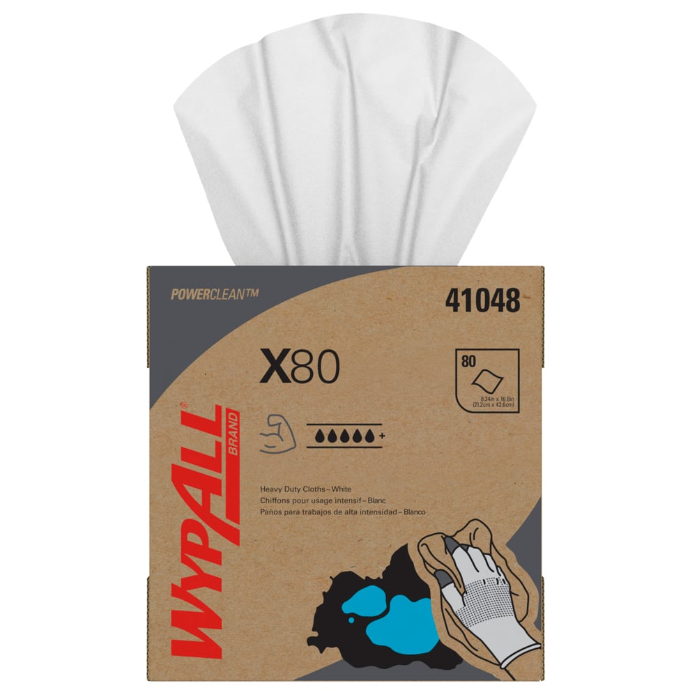 Chiffons robustes WypAll® X80 Power Clean (41048), boîte Pop-Up, Blancs, 80 feuilles/boîte, 5 boîtes/caisse, 400 feuilles/caisse - 41048