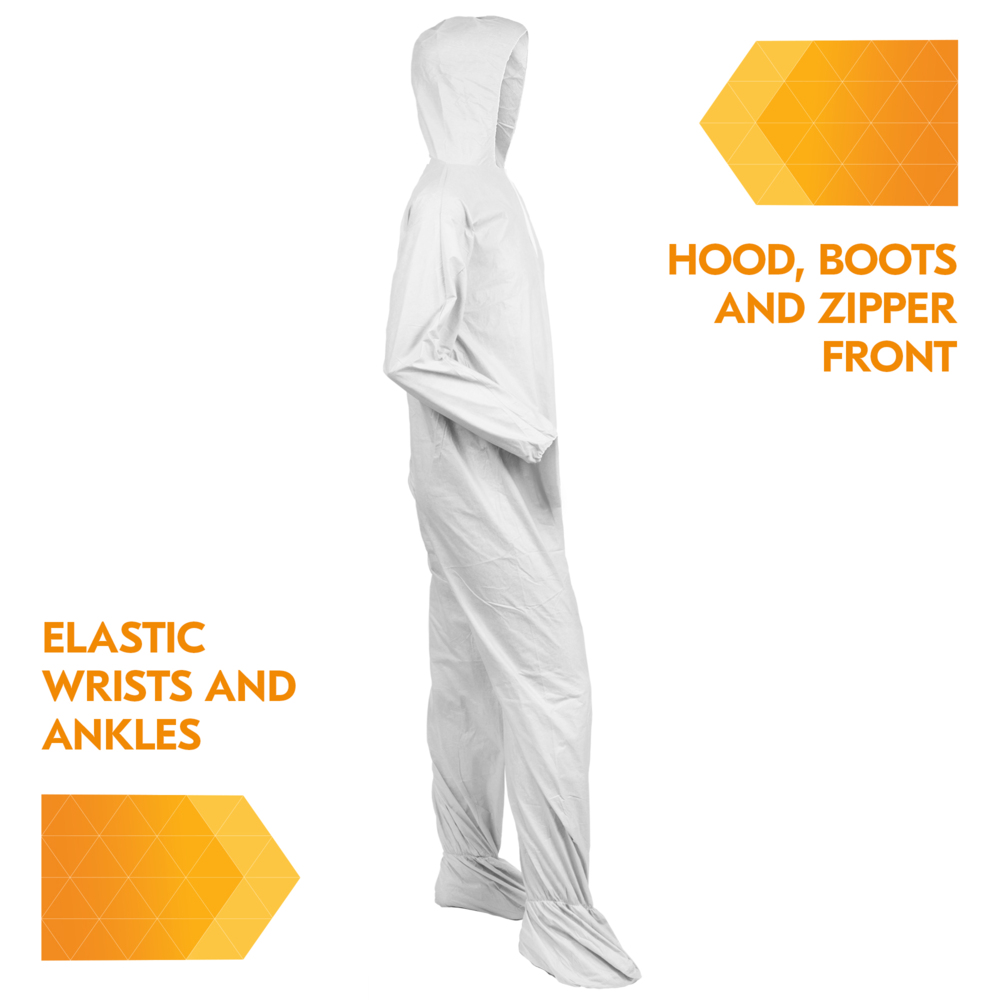 KleenGuard™A40 Liquid and Particle Protection Coveralls, REFLEX Design, Zip Front, Elastic Wrists & Ankles, Hood & Boot, White, X-Large, 25 Coveralls / Case - 44334