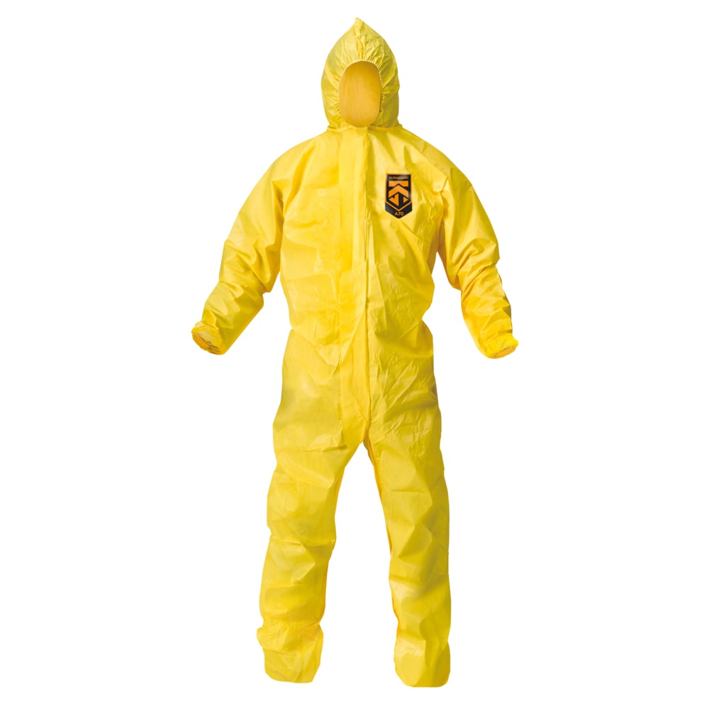 KleenGuard™ A70 Chemical Spray Protection Coveralls (09817) Suit, Hooded, Zip Front, Elastic Wrists & Ankles, 4XL, Yellow, 12 Garments / Case - 09817