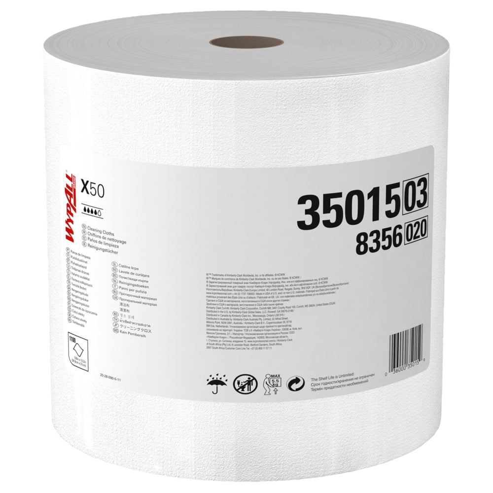 WypAll® General Clean X50 Cleaning Cloths (35015), Strong for Extended Use, Jumbo Roll, White, 1,100 Sheets / Roll - 35015