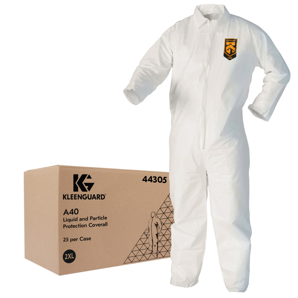 Combinaison de protection contre les liquides et les particules Kleenguard A40 (44305), fermeture éclair à l’avant, blanche, 2TG, 25 vêtements/caisse - 44305