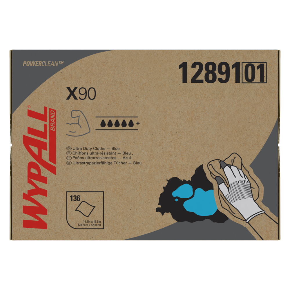 Chiffons WypAll® X90 Power Clean ultra-robustes (12891), Lingettes BOÎTE BRAG, bleu jean, 1 boîte/caisse, 136 feuilles/boîte - 12891