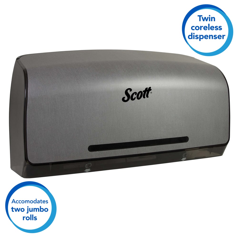 Scott® Pro Coreless Jumbo Roll Toilet Paper Dispenser (39732), Twin Roll, Stainless, 20.25" x 6.25" x 11.60" (Qty 1) - 39732
