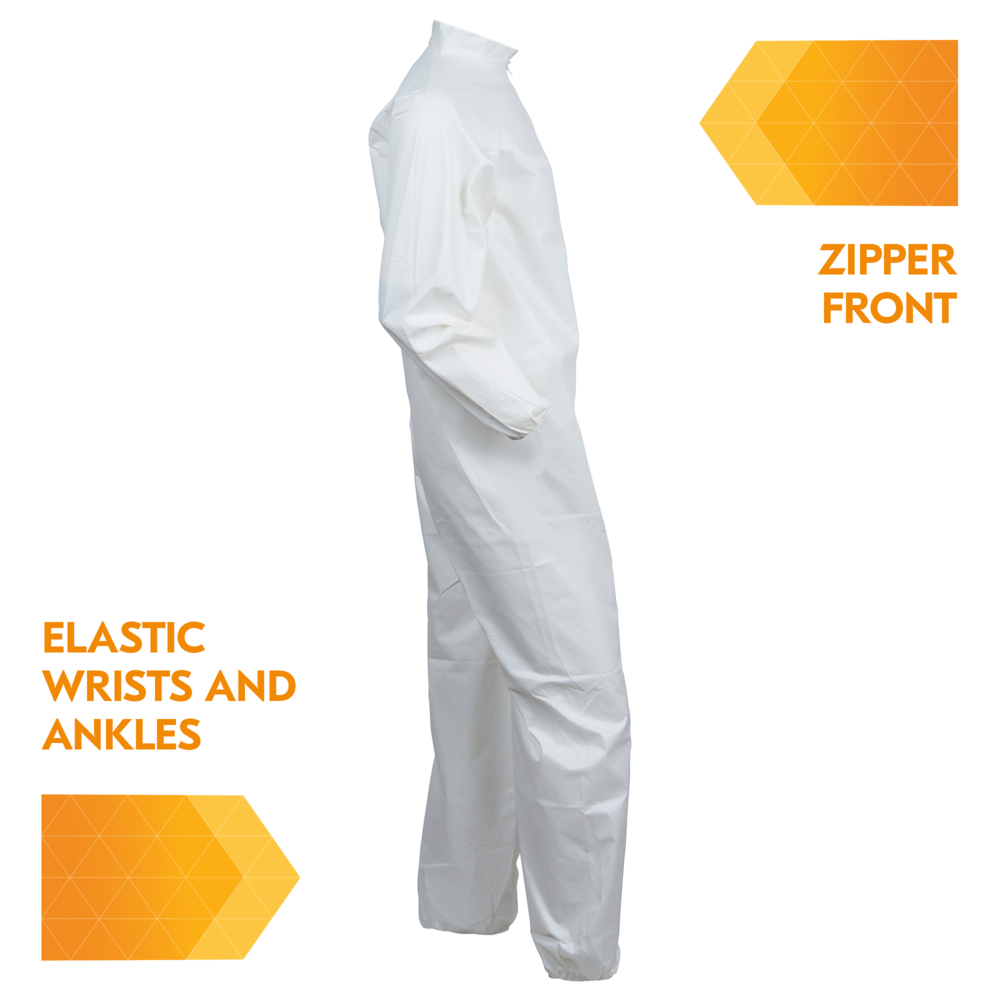 KleenGuard™A40 Liquid and Particle Protection Coveralls, REFLEX Design, Zip Front, Elastic Wrists & Ankles, White, Large, 25 Coveralls / Case - 44313