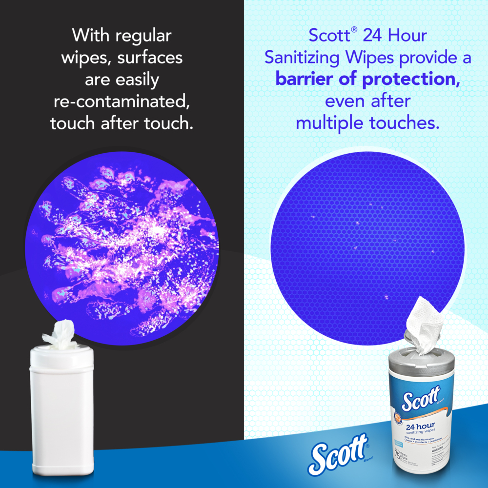 Scott 24 Hour Sanitizing Wipes – Multi-Surface Cleaning & Disinfecting, Continuous Sanitization For 24 Hours – (54478), 50 Packs x 10, 500 Wipes - 41526