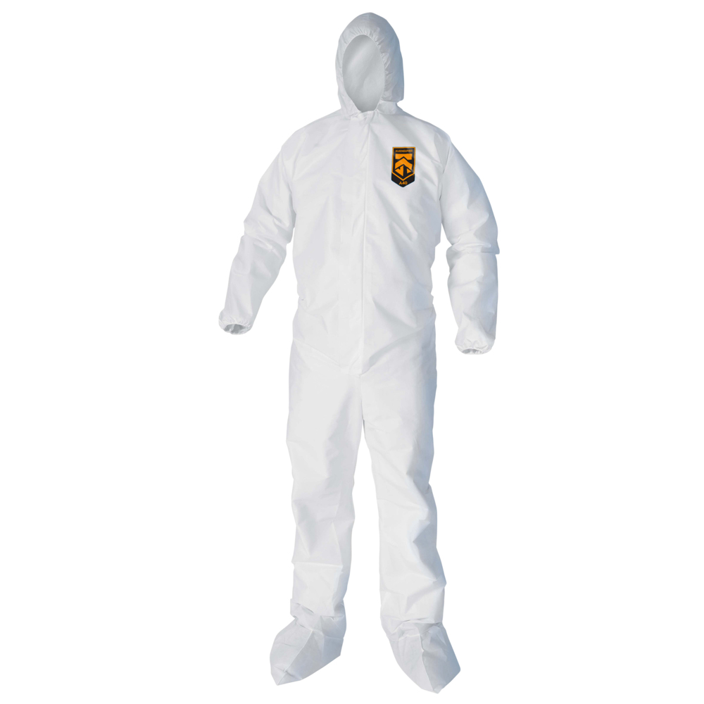 Combinaisons de protection contre les liquides et les particules KleenGuard™ A40 (44334), fermeture éclair à l’avant, bande élastique aux poignets et aux chevilles, avec capuchon et bottes, blanches, conception Reflex, TG (qté 25) - 44334