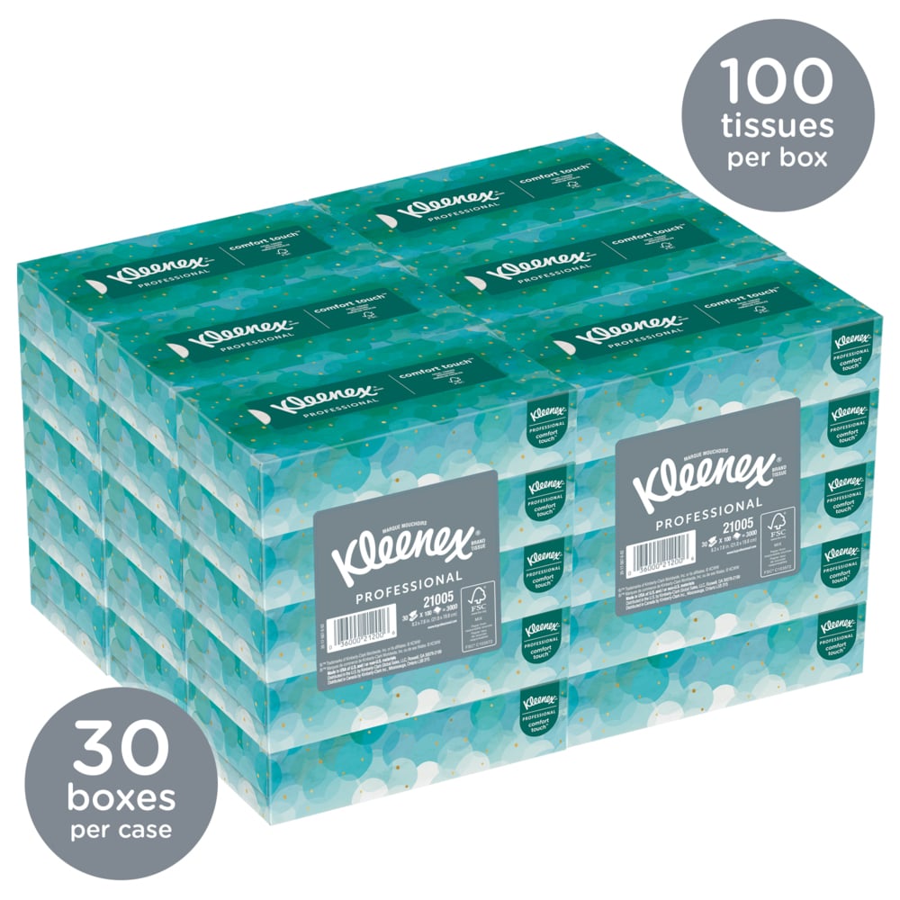 Kleenex® Professional Facial Tissue for Business (21005), Flat Tissue Boxes (100 Tissues/Box, 6 Bundles of 5 Boxes/Case, 3,000 Tissues/Case) - 21005