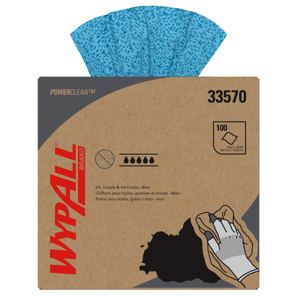 Essuie-tout pour l’huile, la graisse et l’encre WypAll® (33570), boîte Pop-Up, chiffon non pelucheux, bleus (100 feuilles/paquet, 5 paquets/caisse, 500 feuilles/caisse) - 33570