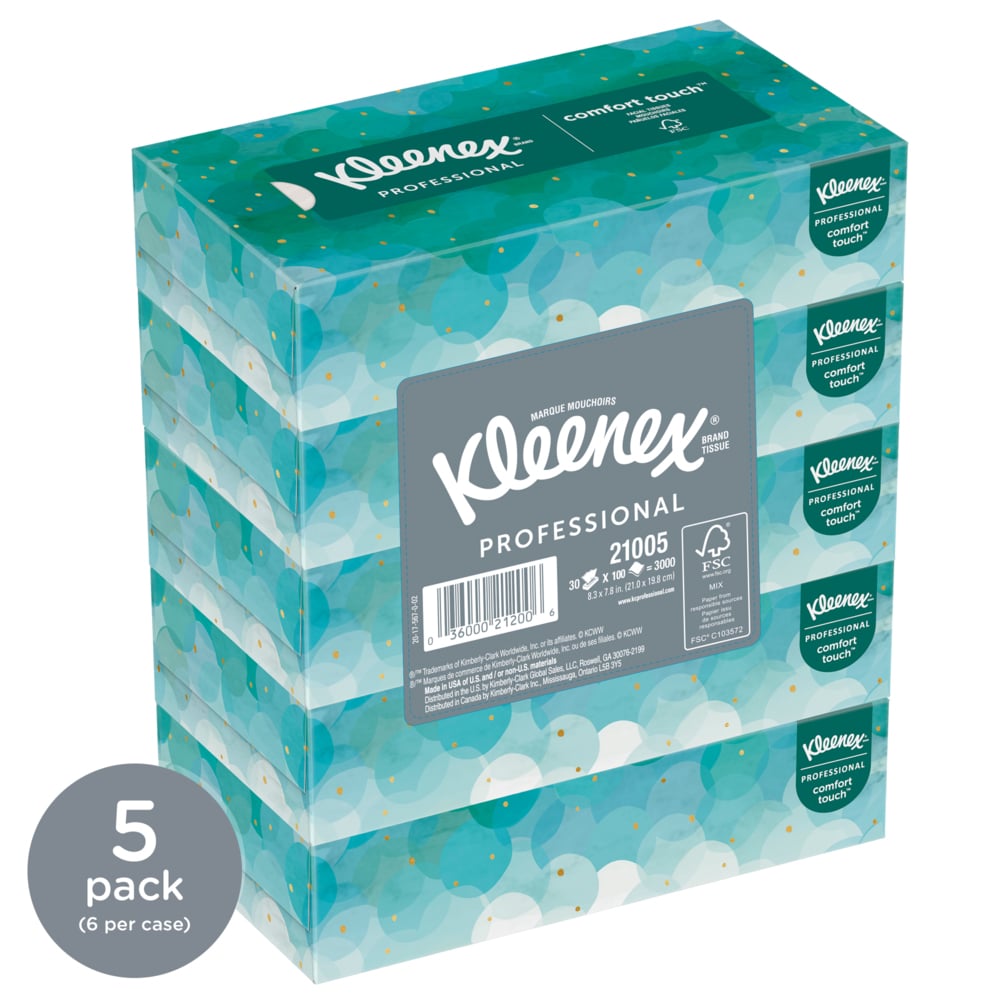 Kleenex® Professional Facial Tissue for Business (21005), Flat Tissue Boxes (100 Tissues/Box, 6 Bundles of 5 Boxes/Case, 3,000 Tissues/Case) - 21005