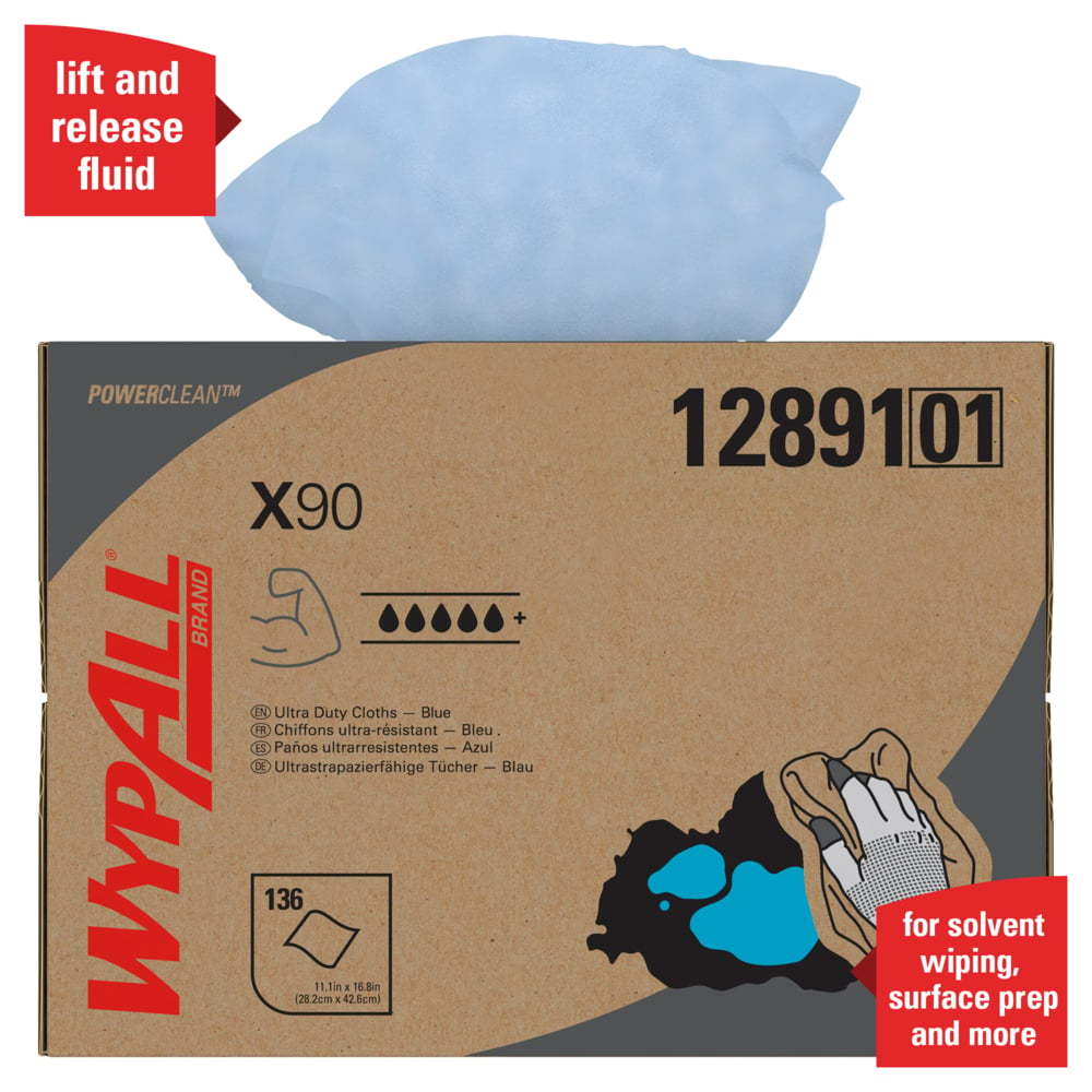 WypAll® Power Clean X90 Ultra Duty Cloths (12891), Wipes BRAG BOX, Blue Denim, 1 Box / Case, 136 Sheets / Box - 12891
