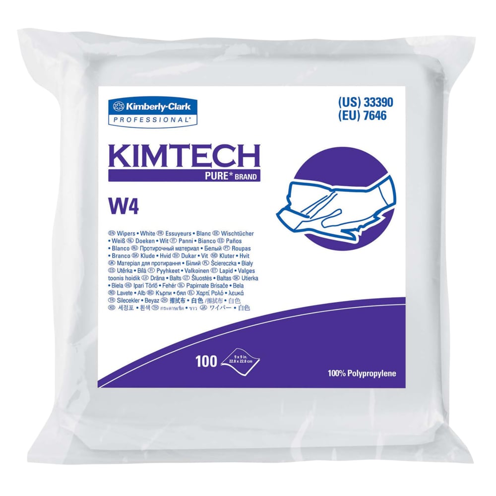 Essuie-tout secs Kimtech W4 (33390), avec pochette double refermable anti-statique, 9 po x 9 po, blancs, 500 lingettes/caisse, 5 paquets de 100 lingettes - 33390