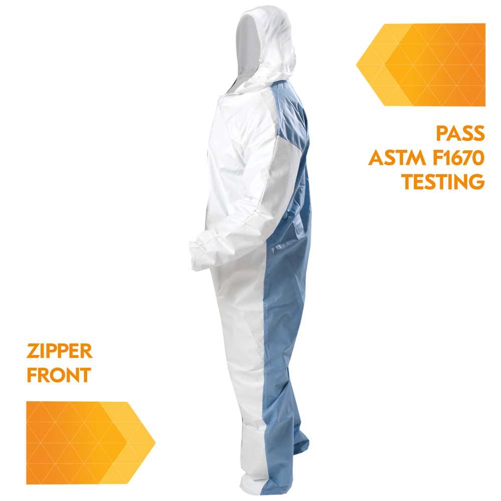 KleenGuard™ A40 Liquid & Particle Protection Coveralls (42119) with Blue Breathable Back, Zipper Front, Hood, EWA, White, Medium, 25 / Case - 42119