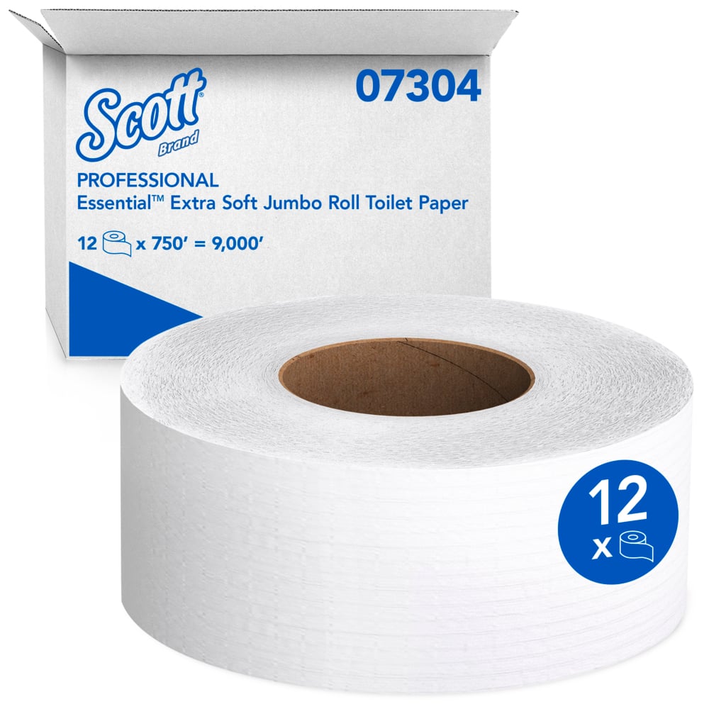 Papier hygiénique en rouleau géant Scott Essential (07304), papier hygiénique en rouleau géant à grande capacité, double épaisseur, blanc, 750 pi/rouleau, 12 rouleaux/boîte - 07304