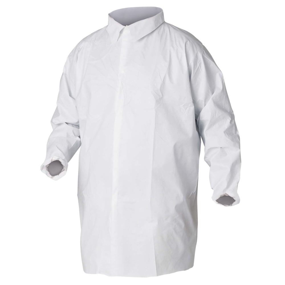 KleenGuard™ A40 Liquid & Particle Protection Lab Coats (44443), 5-Snap Closure, Knee Length, Elastic Wrists, White, Large, 30 / Case - 44443