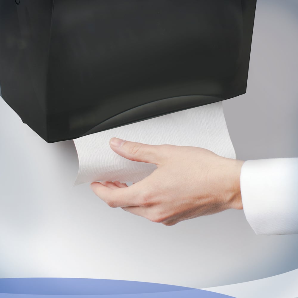 Distributrice d’essuie-mains en rouleaux durs grande capacité compatibles avec les produits Sanitouch (09996), manuelle sans contact, fumée/noire - 09996