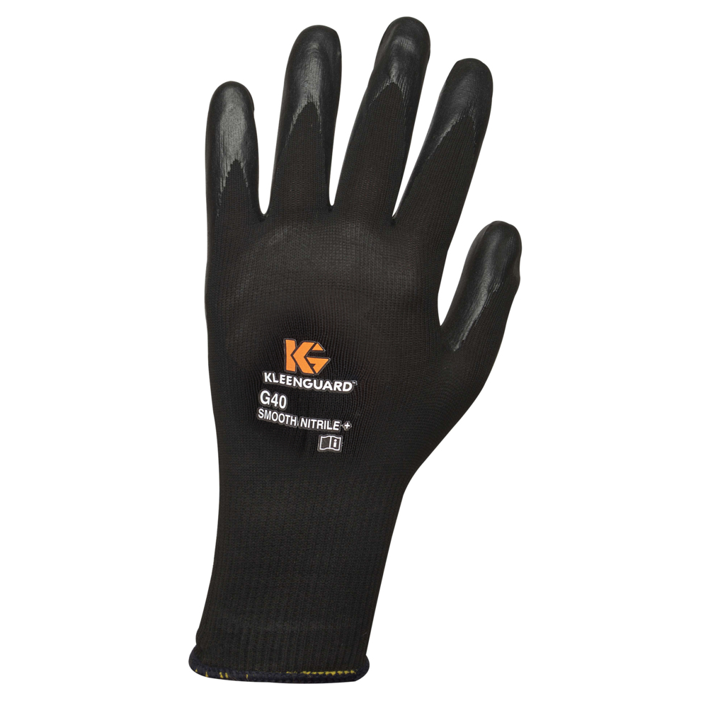 KleenGuard™ G40 Smooth Nitrile Coated Gloves (38431), Size 10.0 (XL), Seamless Knit Back, Level 3 Abrasion Rating, Black, 12 Pairs / Bag, 5 Bags / Case, 60 Pairs - 38431