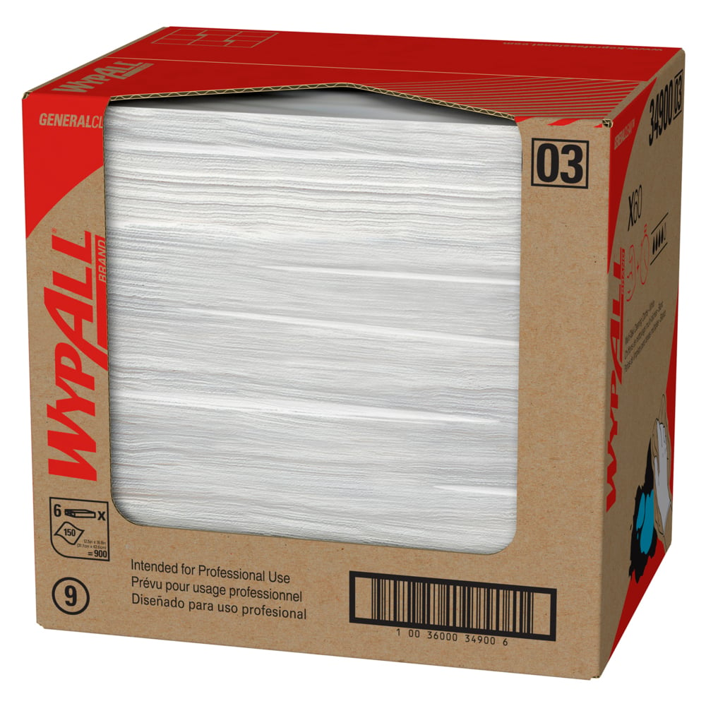 WypAll® GeneralClean™ X60 Multi-Task Cleaning Cloths (34900), Flat Sheets, Strong and Absorbent Towels, White (150 Sheets/Pack, 6 Packs/Case, 900 Sheets/Case) - 34900