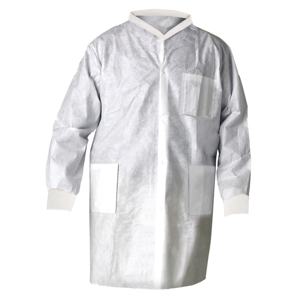 Kimtech™ A8 Certified Lab Coats with Knit Cuffs and Collar (10022), Protective 3-Layer SMS Fabric, Knit Collar & Cuffs, Unisex, White, Large, 25 / Case - 10022