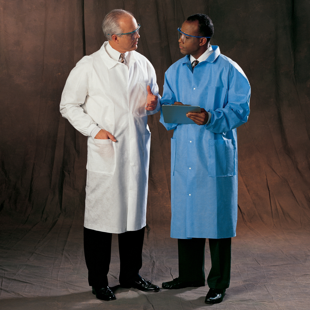 Kimtech™ A8 Certified Lab Coats with Knit Cuffs + Extra Protection (10047), Protective 3-Layer SMS Fabric, Back Vent, Unisex, Blue, Large, 25 / Case - 10047