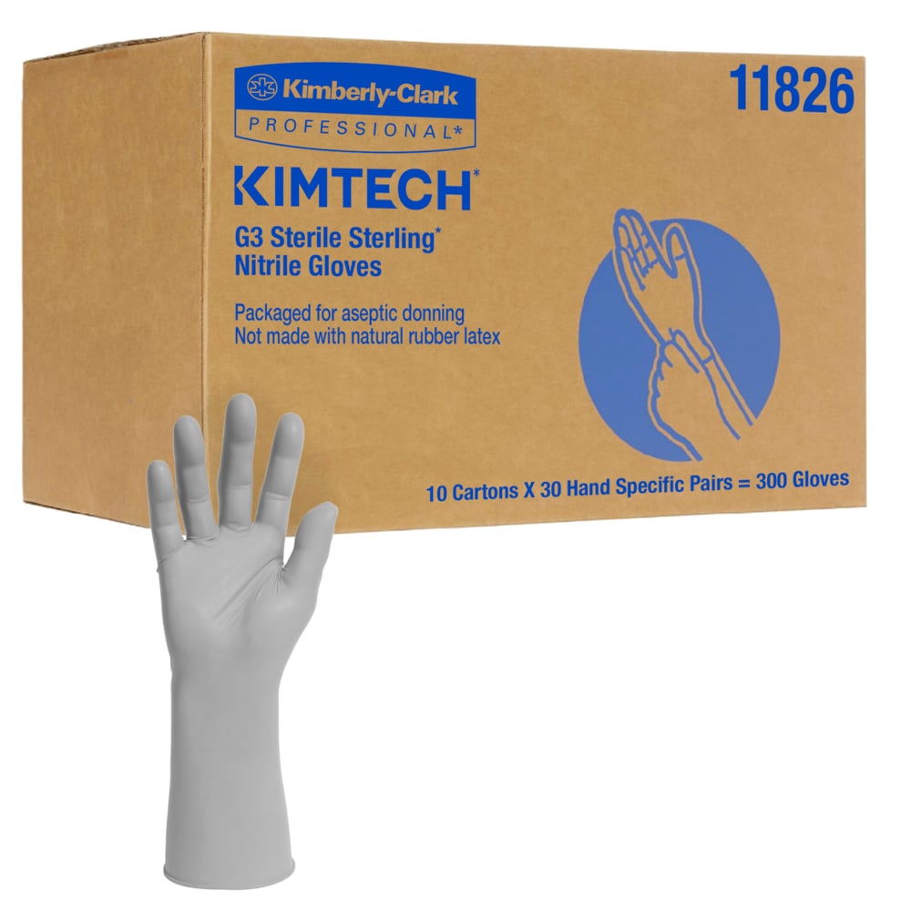 Gants stériles en nitrile Sterling Kimtech G3 (11826), 4 mil, pour salles blanches, spécifiques à la main, 12 po, taille 8,5, gris, 300 paires/caisse - 11826