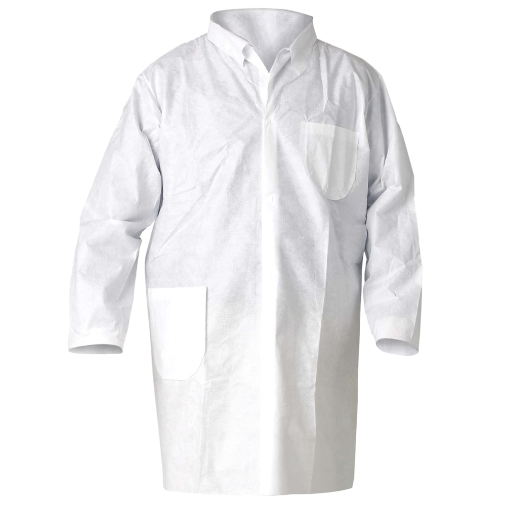 KleenGuard™ A20 Breathable Particle Protection Lab Coats (10029), 4 Snap Closure, Knee Length, White, Large, 25 / Case - 10019