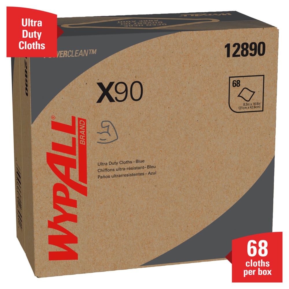 WypAll® PowerClean™ X90 Ultra Duty Cloths (12890), Pop-Up Box, Extended Use Towels, Blue (68 Sheets/Box, 5 Boxes/Case, 340 Sheets/Case) - 12890