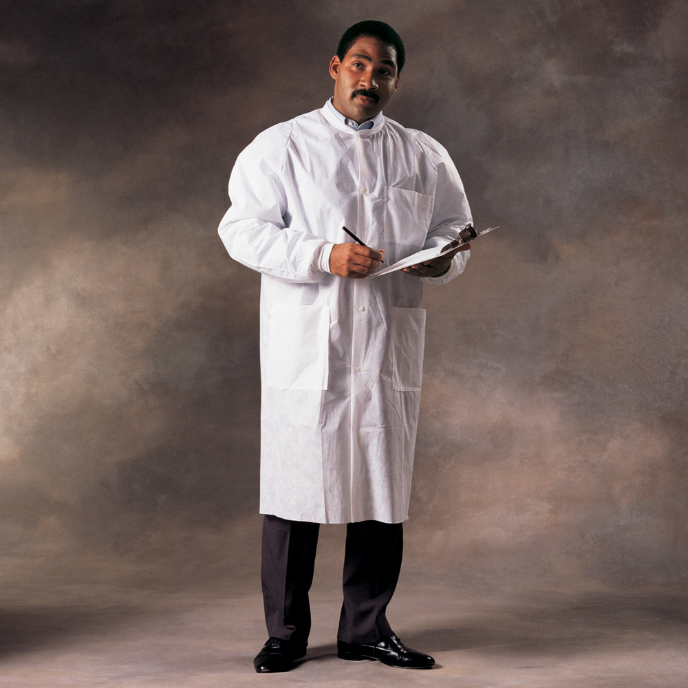 Kimtech™ A8 Certified Lab Coats with Knit Cuffs and Collar (10023), Protective 3-Layer SMS Fabric, Knit Collar & Cuffs, Unisex, White, XL, 25 / Case - 10023