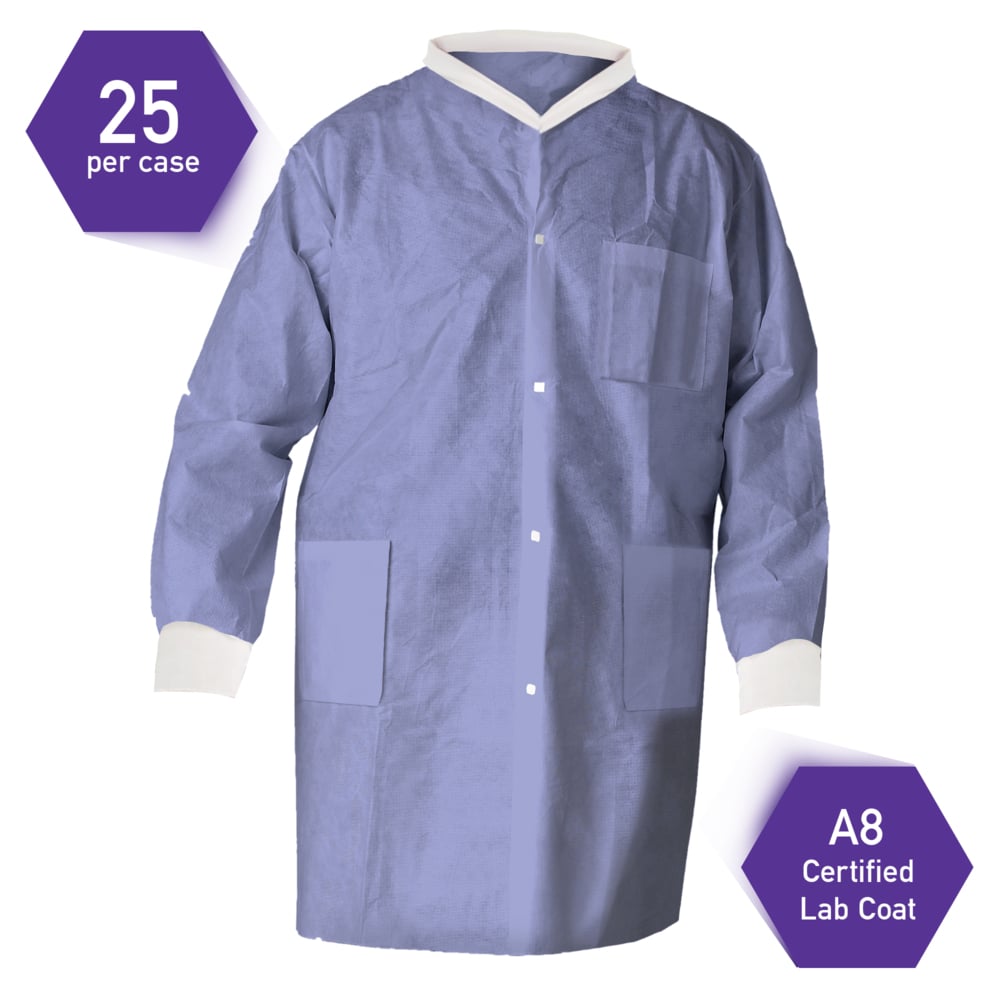 Kimtech™ A8 Certified Lab Coats with Knit Cuffs and Collar (10030), Protective 3-Layer SMS Fabric, Knit Collar & Cuffs, Unisex, Blue, Small, 25 / Case - 10030