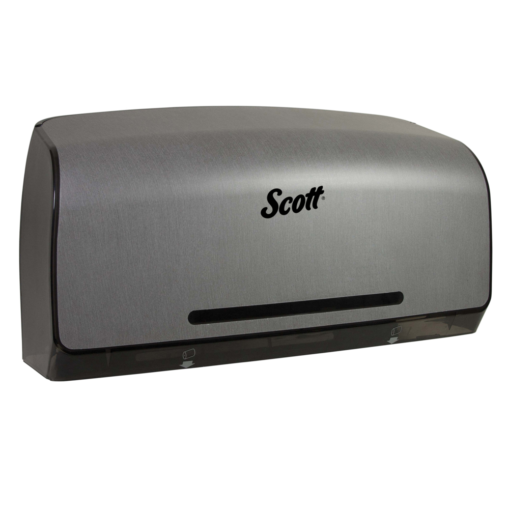 Distributrice de papier hygiénique à rouleau double JRT Scott Pro (39732), 20,25 po x 6,25 po x 11,6 po, pour papier hygiénique Scott Pro et Cottonelle, faux acier inoxydable, 1/boîte - 39732
