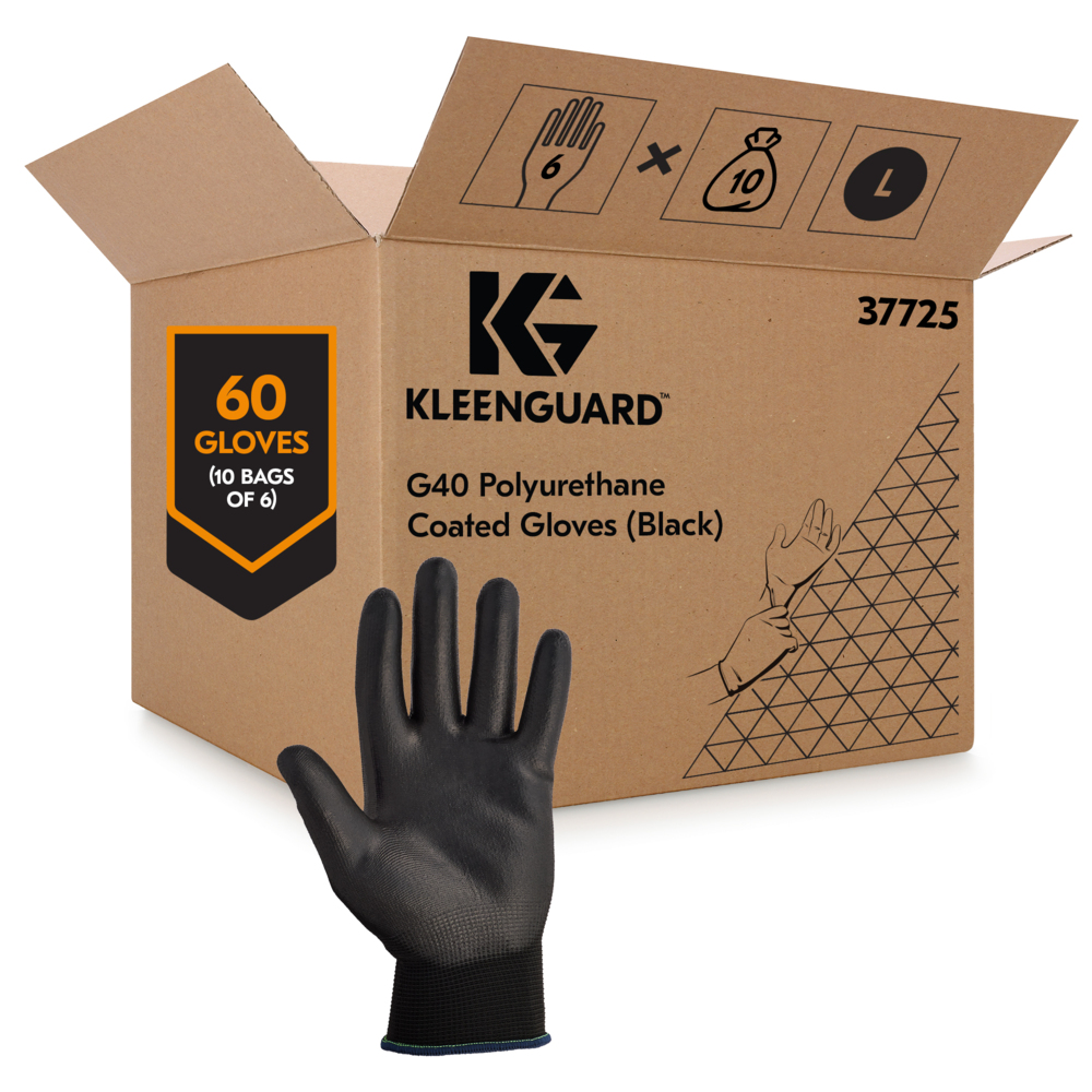KleenGuard™ G40 Polyurethane Coated Gloves (37725), Large, High Dexterity, Black, 6 Pairs for Vending Bag, 10 Bags / Case - 37725